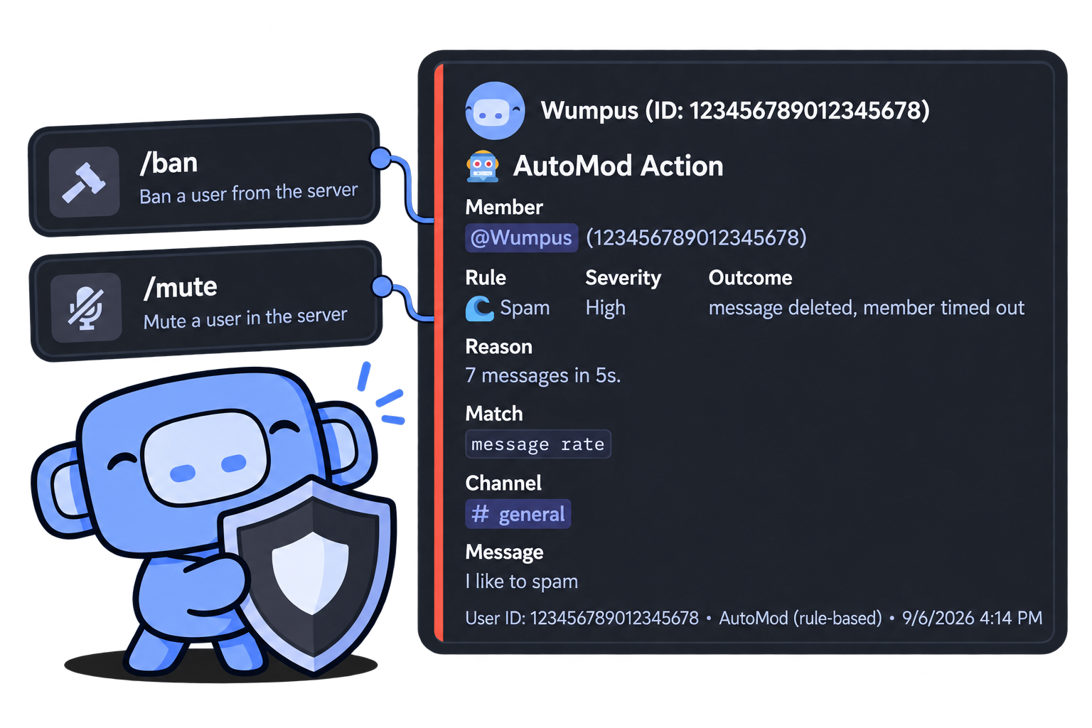 Flo moderation and automod: warn, mute, kick, ban with a log, plus 24/7 scam and NSFW protection