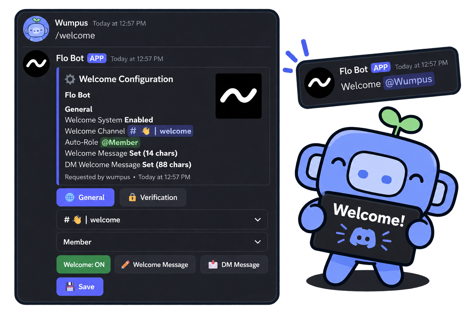 Flo greeting a new member with a custom welcome message and auto-roles